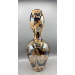 Art Glass Amber Brown Swirl Gourd Vase Heavy Thick 15.5 Inch Hourglass